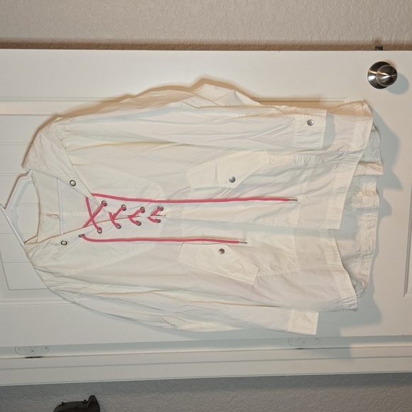 Free People White Pink Lace up Poplin Pullover Hoodie Tunic Jacket XS‎ / S - Picture 1 of 4